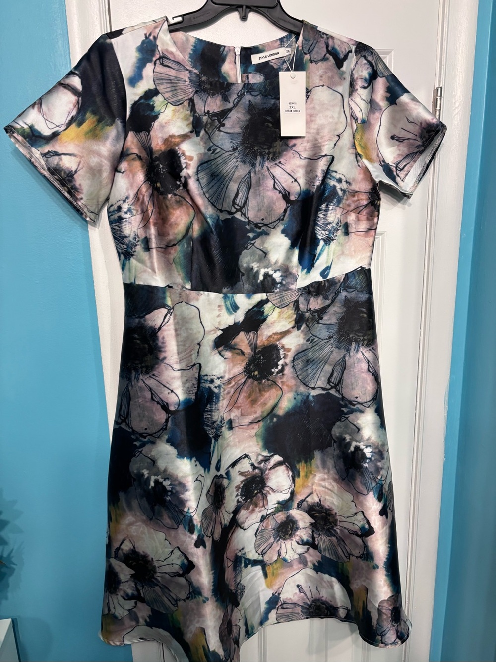 ModCloth Floral Satin A-Line Dress in Black, Pink, Blue